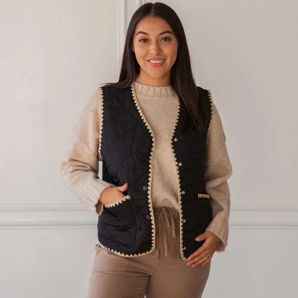 Stylish Black Quilted Vest with Cream Trim